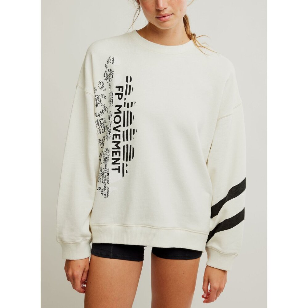 FP Movement by Free People Cream Crewneck with Black Logo and Sleeve Stripes